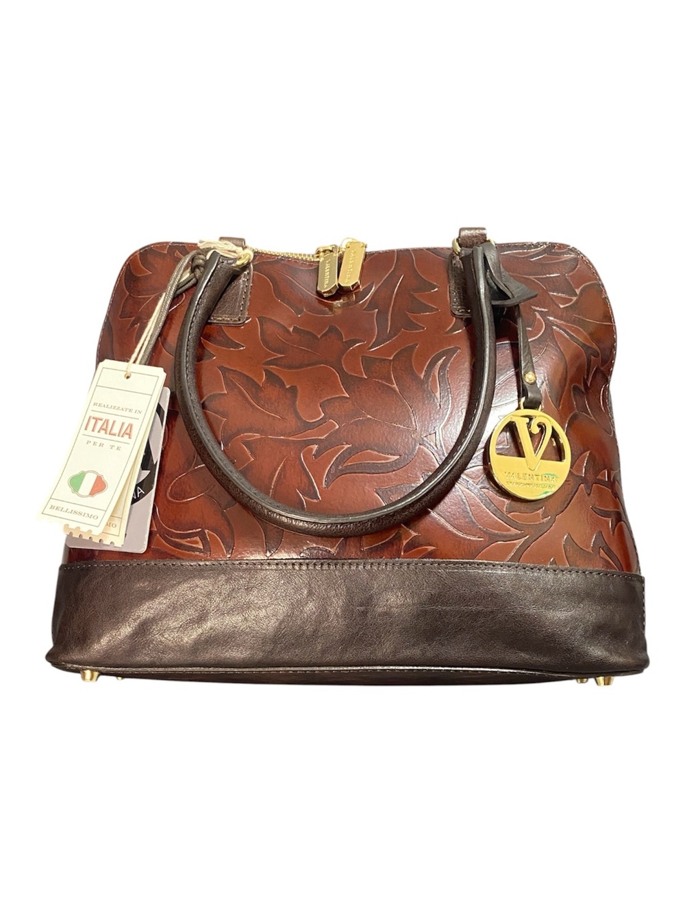 NWT Valentina Brown Embossed Leather Satchel/Shoulder Bag